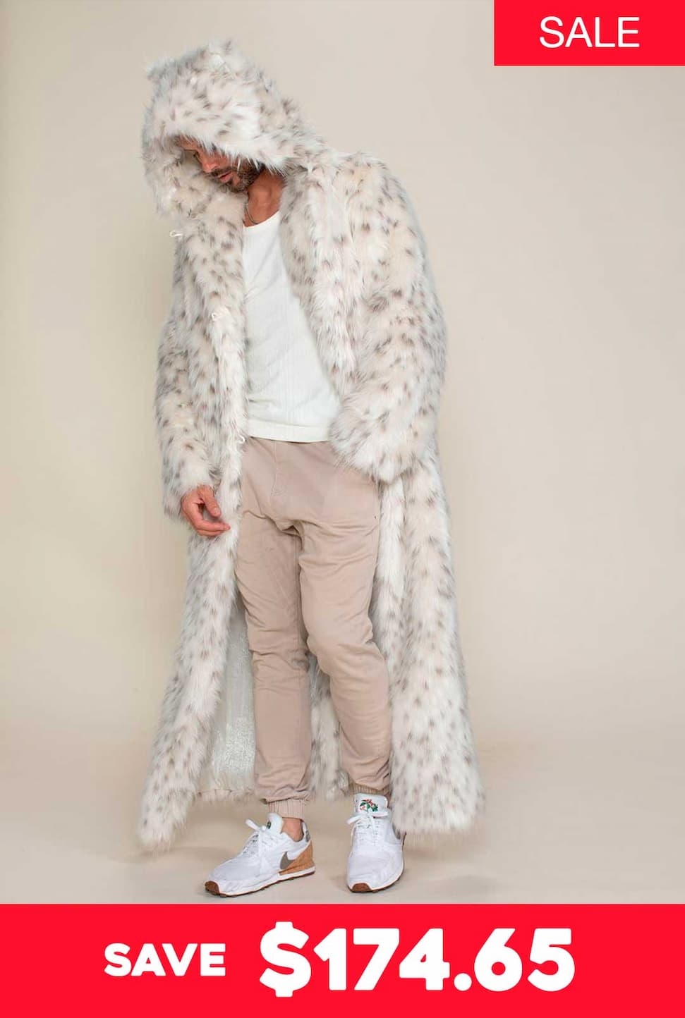 Classic Men's Long Faux Fur Coat | Baby Snow Leopard
