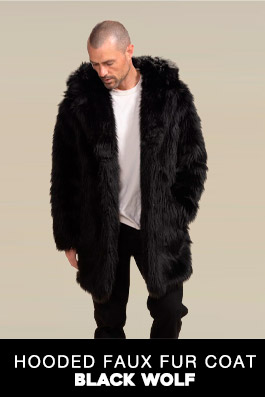 Hooded Men's Faux Fur Coat | Black Wolf
