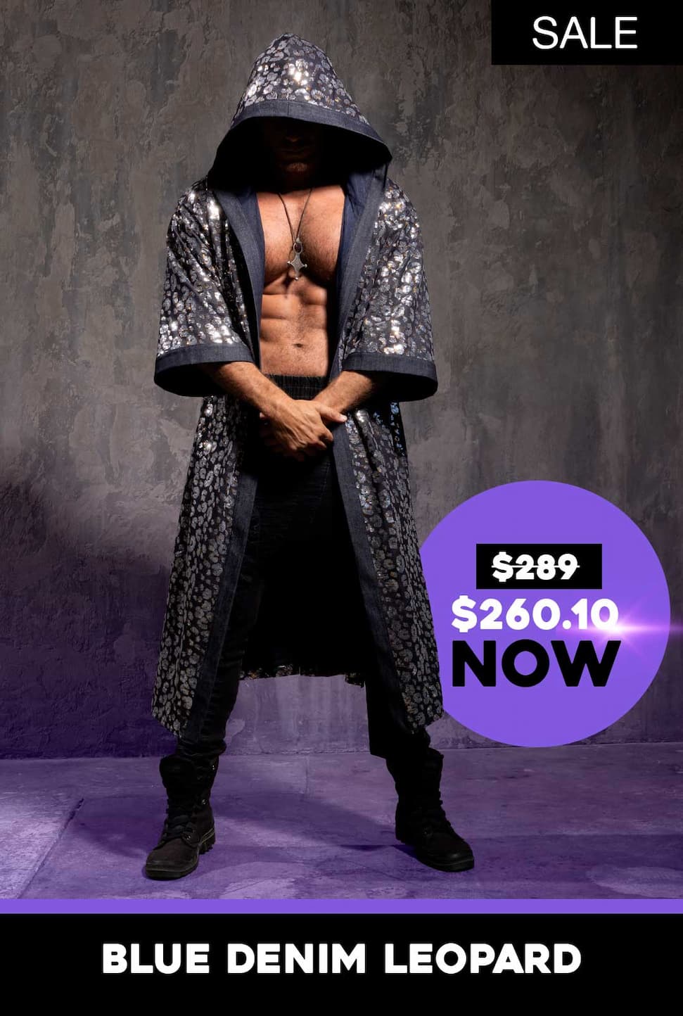 Men's Silver Sequin Kimono | Blue Denim Leopard