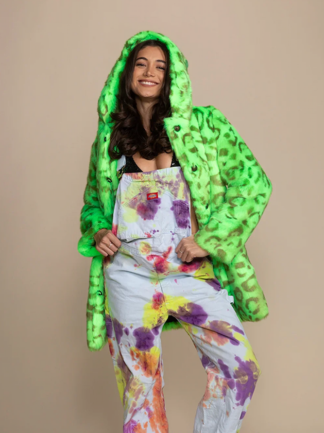 Hooded Women's Faux Fur Coat | Neon Green Leopard