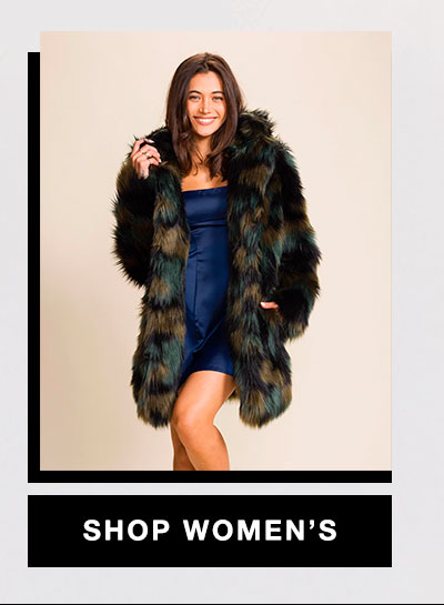 Hooded Women's Faux Fur Coat | Green Camo Cat