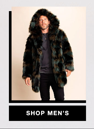 Hooded Men's Faux Fur Coat | Green Camo Cat