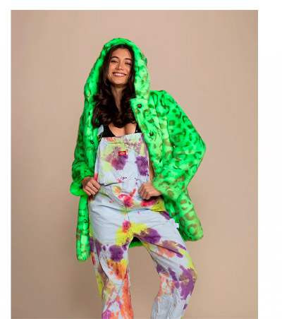 Hooded Women's Faux Fur Coat | Neon Green Leopard