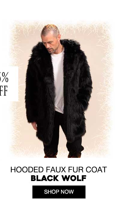 Hooded Men's Faux Fur Coat | Black Wolf