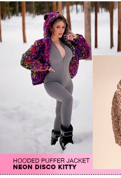 Classic Women's Hooded Puffer Jacket | Neon Disco Kitty