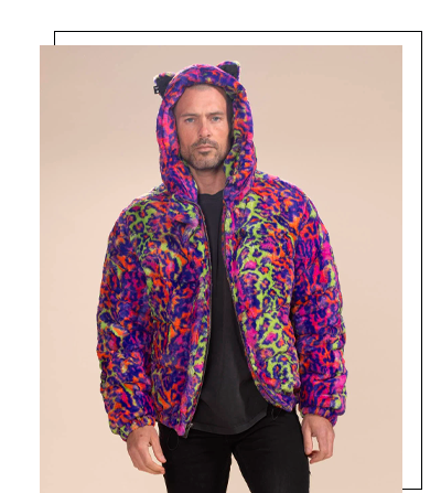Classic Men's Puffer Jacket With Hood | Neon Disco Cat