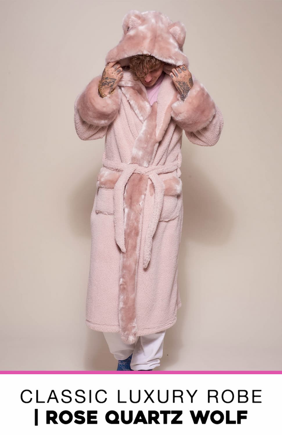 Classic Men's Luxury Pink Robe | Rose Quartz Wolf