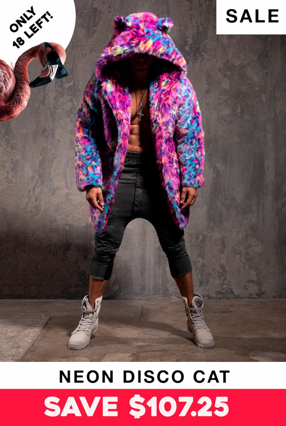 Classic Men's Blue & Pink Faux Fur Coat | Neon Disco Cat