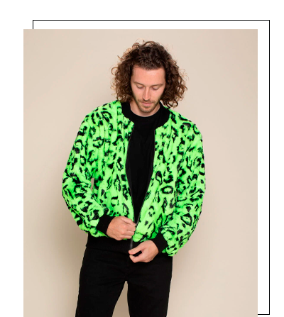 Men's Colorful Faux Fur Jacket | Neon Green Leopard