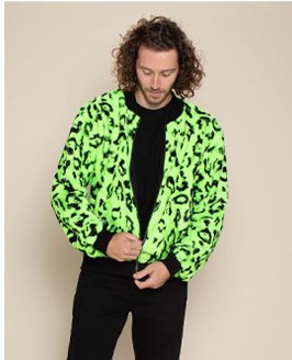 Men's Colorful Faux Fur Jacket | Neon Green Leopard