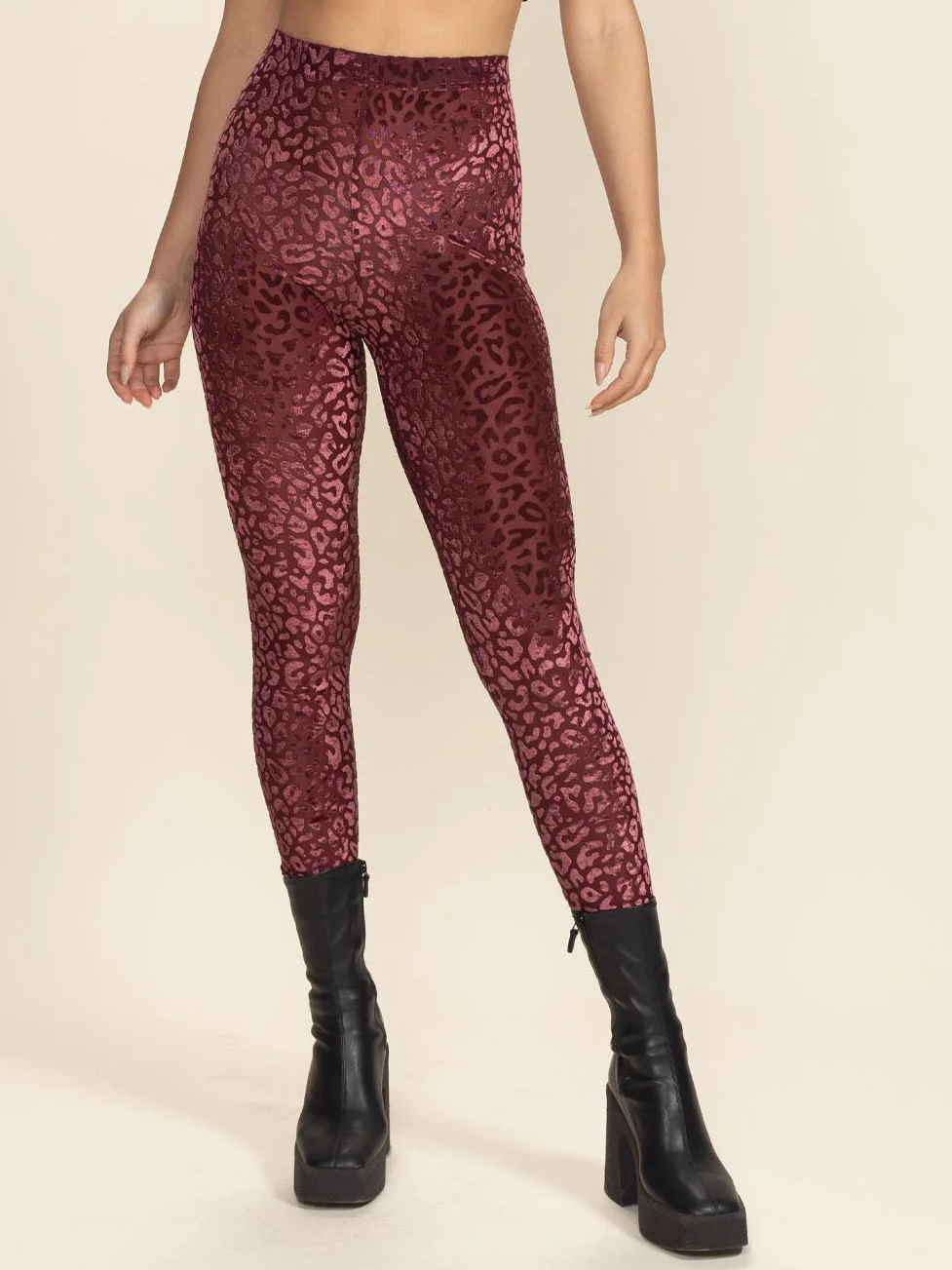 Women's Velvet Leggings | Red Crimson Burnout Leopard