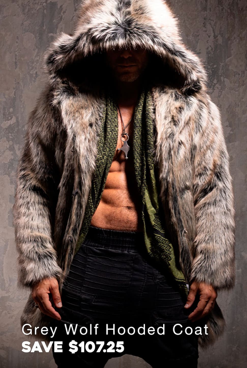 Hooded Men's Faux Fur Coat | Grey Wolf