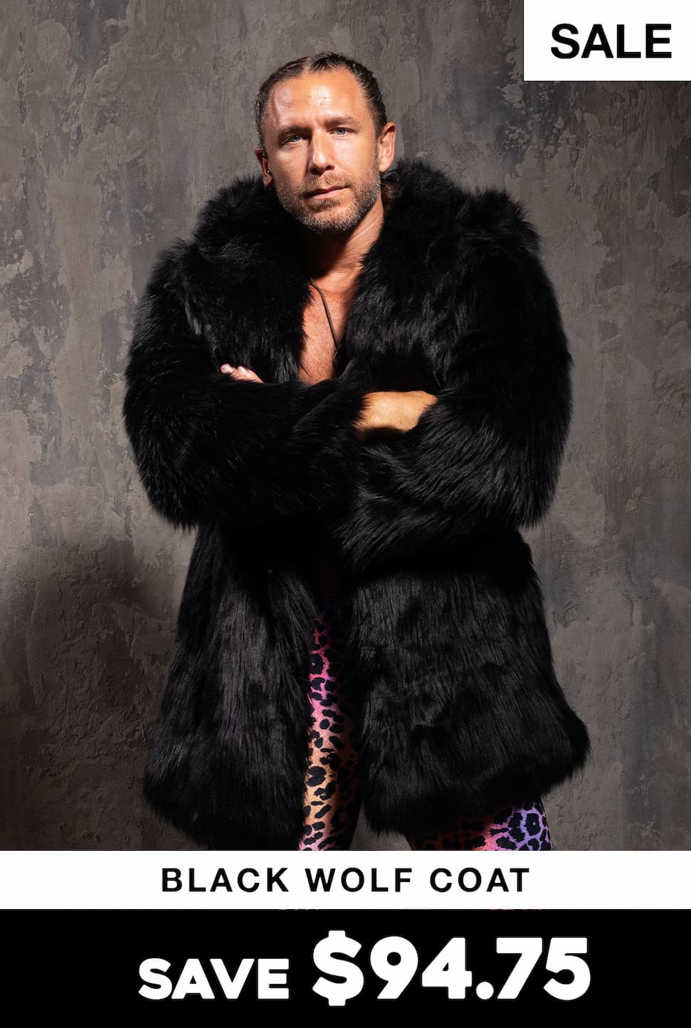 Hooded Men's Faux Fur Coat | Black Wolf