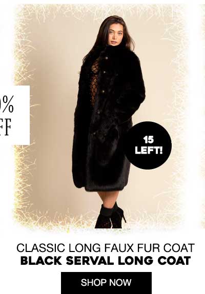 Women's Long Faux Fur Coat | Black Serval