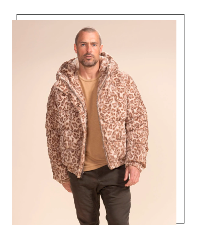 Classic Men's Puffer Jacket With Hood | Tan Leopard