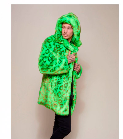 Hooded Men's Faux Fur Coat | Neon Green Leopard