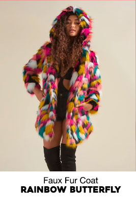Hooded Women's Faux Fur Coat | Rainbow Butterfly