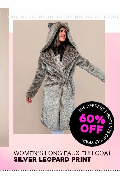 Classic Women's Long Faux Fur Coat | Silver Leopard Print