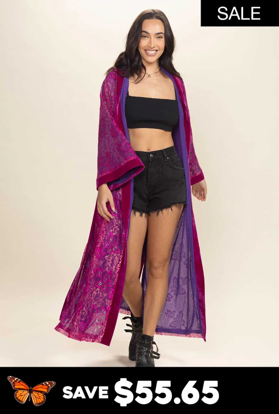 Women's Festival Kimono | Metallic Pink Butterfly
