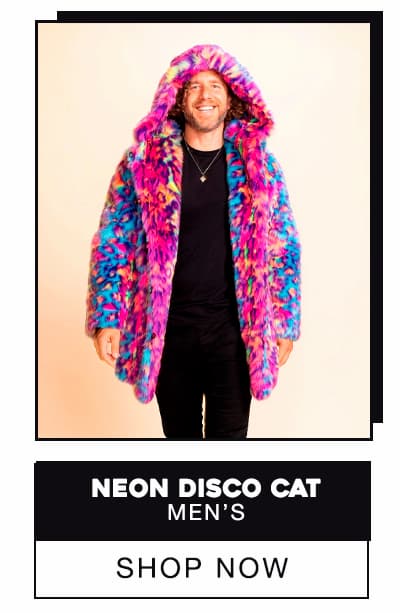 Hooded Men's Blue & Pink Faux Fur Coat | Neon Disco Cat | Made-To-Order