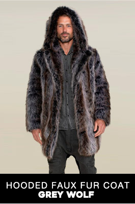 Hooded Men's Faux Fur Coat | Grey Wolf