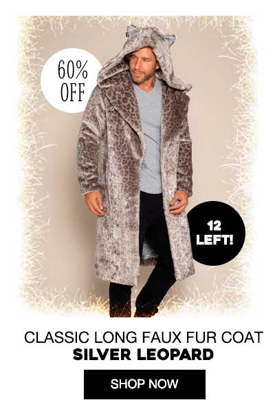 Classic Men's Long Faux Fur Coat | Silver Leopard