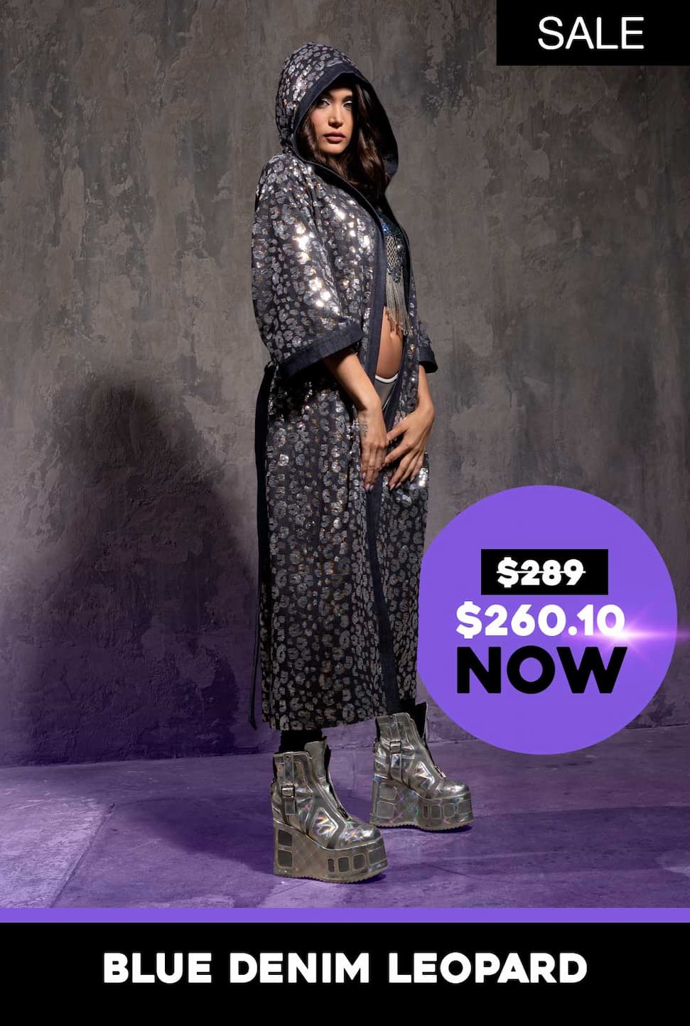 Women's Silver Sequin Kimono | Blue Denim Leopard