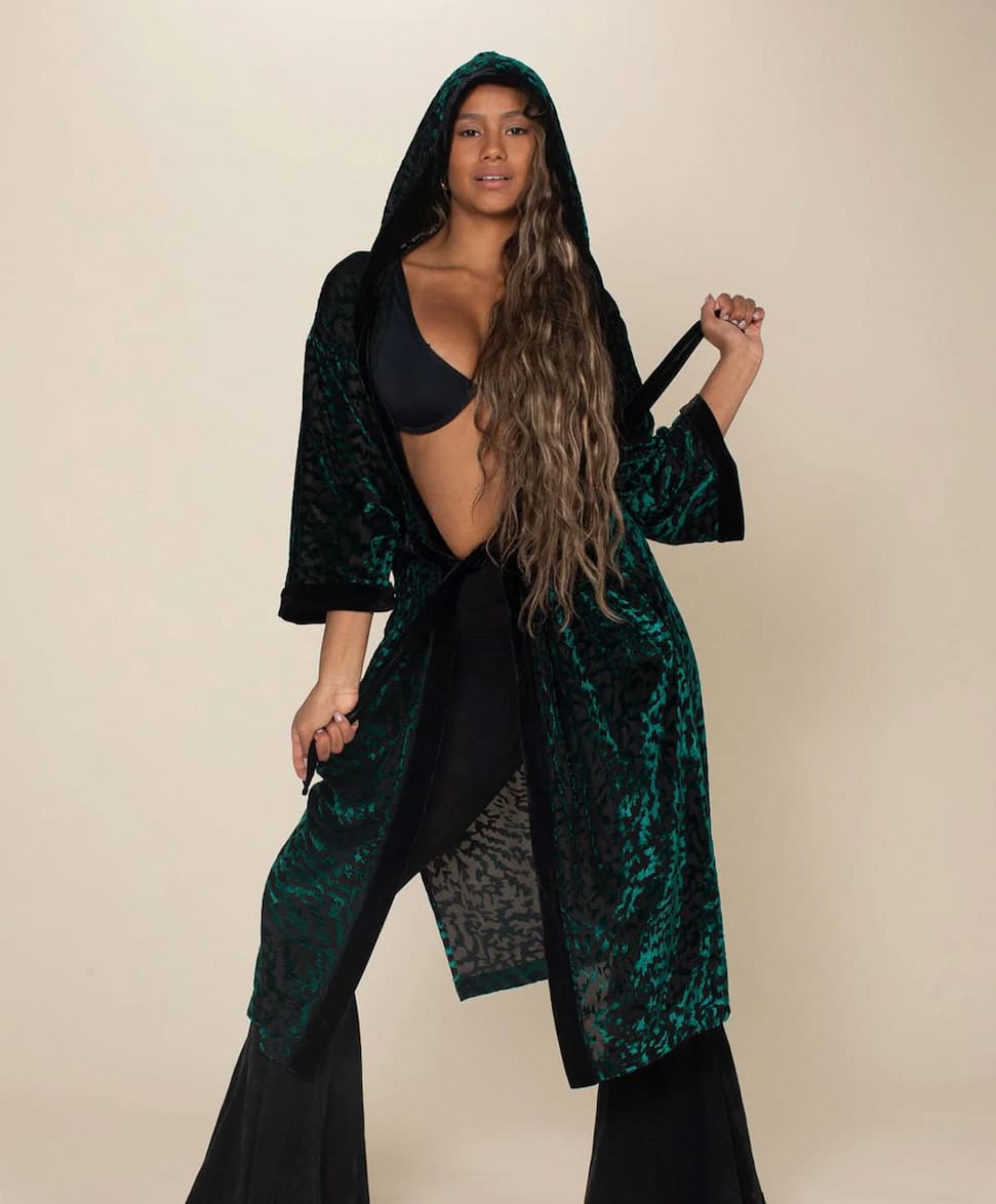 Women's Velvet Kimono | Emerald Green Tiger