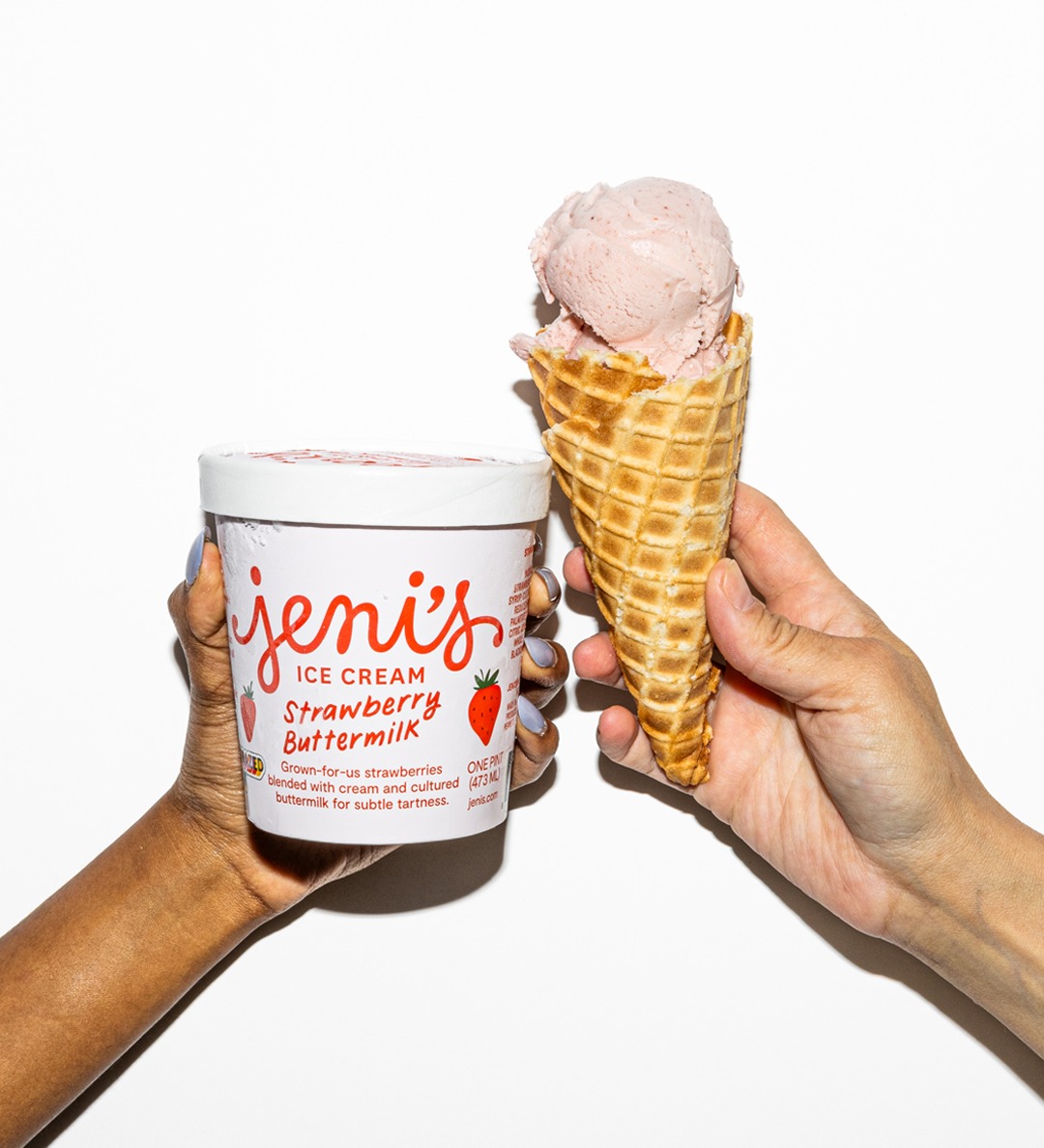 Strawberry Buttermilk ice cream pint and cone