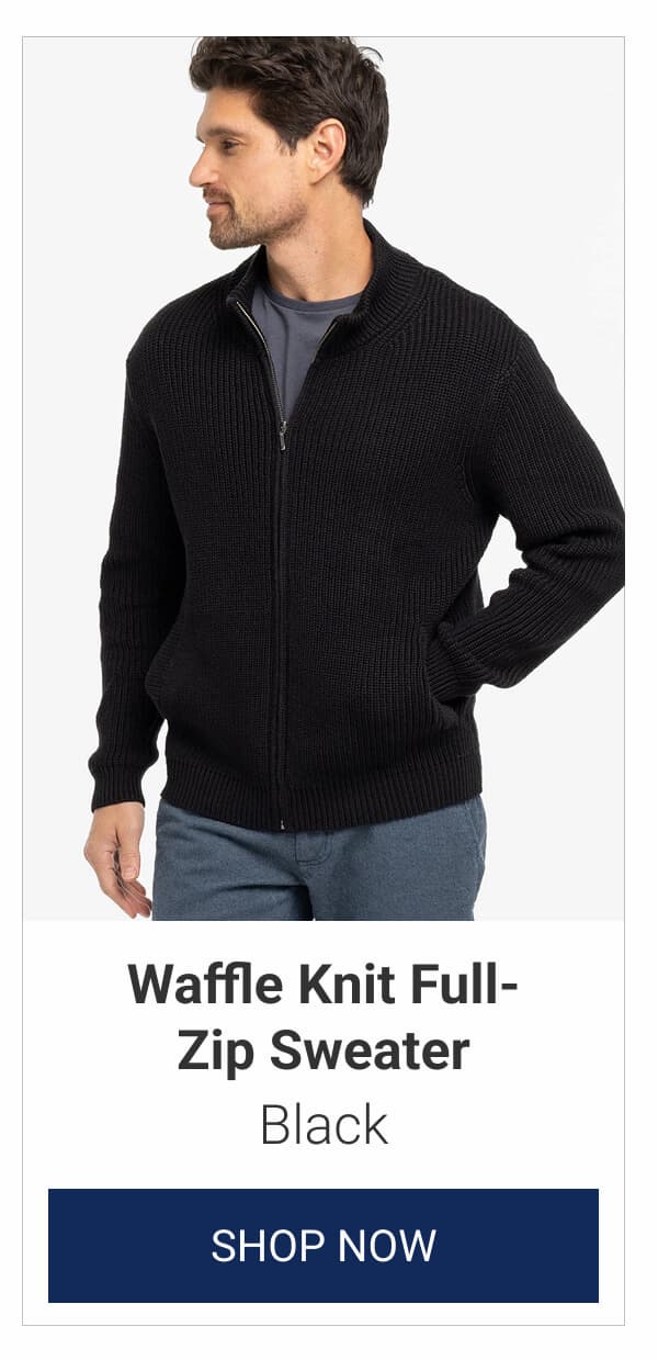Black Waffle-Knit Full Zip Sweater