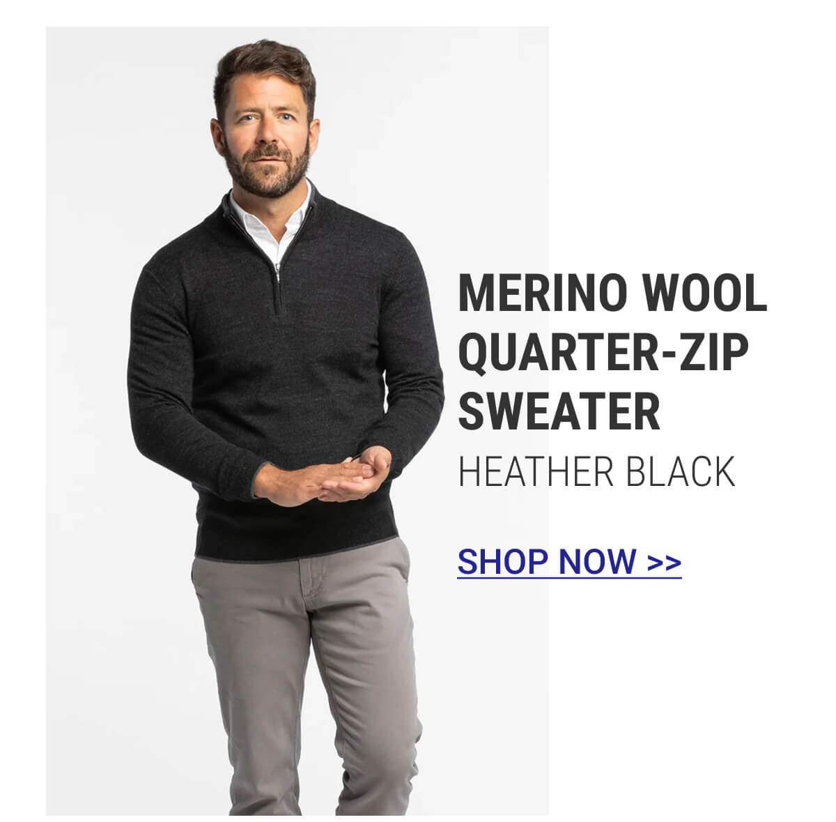 Heather Black Merino Wool Quarter-Zip Sweater