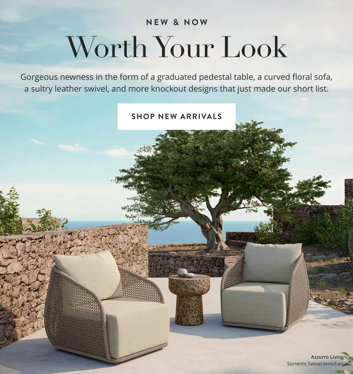 New & Now: Worth Your Look. Gorgeous newness in the form of graduated pedestal table, a curved floral sofa, a sultry leather swivel, and more knockout designs that just made our short list. Shop New Arrivals.