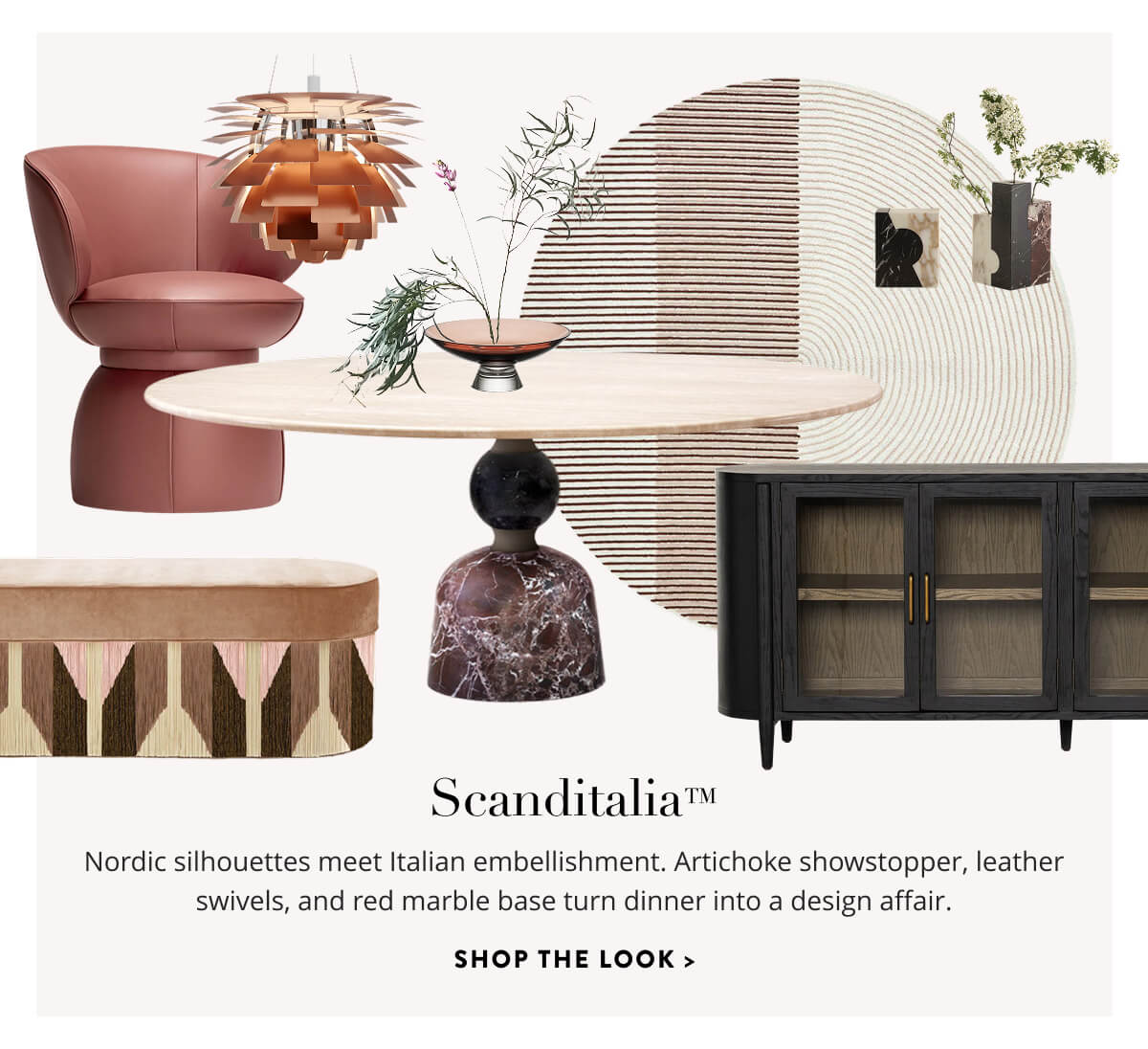 Scanditalia: Nordic silhouettes meet Italian embellishment. Artichoke showstopper, leather swivels, and red marble base turn dinner into a design affair. Shop the Look.