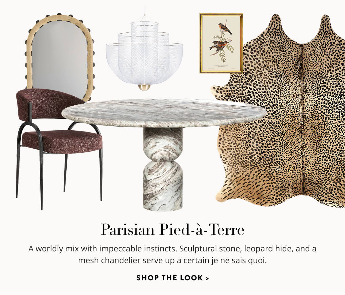 Parisian Pied-à-Terre: A worldly mix with impeccable instincts. Sculptural stone, leopard hide, and a mesh chandelier serve up a certain je ne sais quoi. Shop the Look.