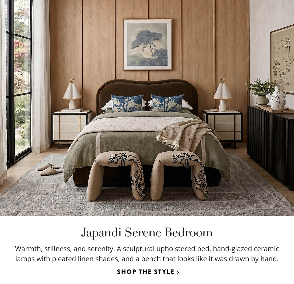 Japandi Serene Bedroom: Warmth, stillness, and serenity. A sculptural upholstered bed, hand-glazed ceramic lamps with pleated linen shades, and a bench that looks like it was drawn by hand. Shop the style.