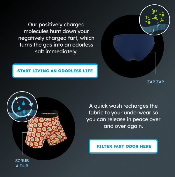 Our positively charged molecules hunt down your negatively charged fart, which turns the gas into an odorless salt immediately. Start Living An Odorless Life Here. A quick wash recharges the fabric so your underwear so you can release in peace over and over again. Filter fart odor here.