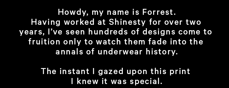  Howdy, my name is Forrest. Having worked at Shinesty for over two years, I’ve seen hundreds of designs come to fruition only to watch them fade into the annals of underwear history.   The instant I gazed upon this print I knew it was special.