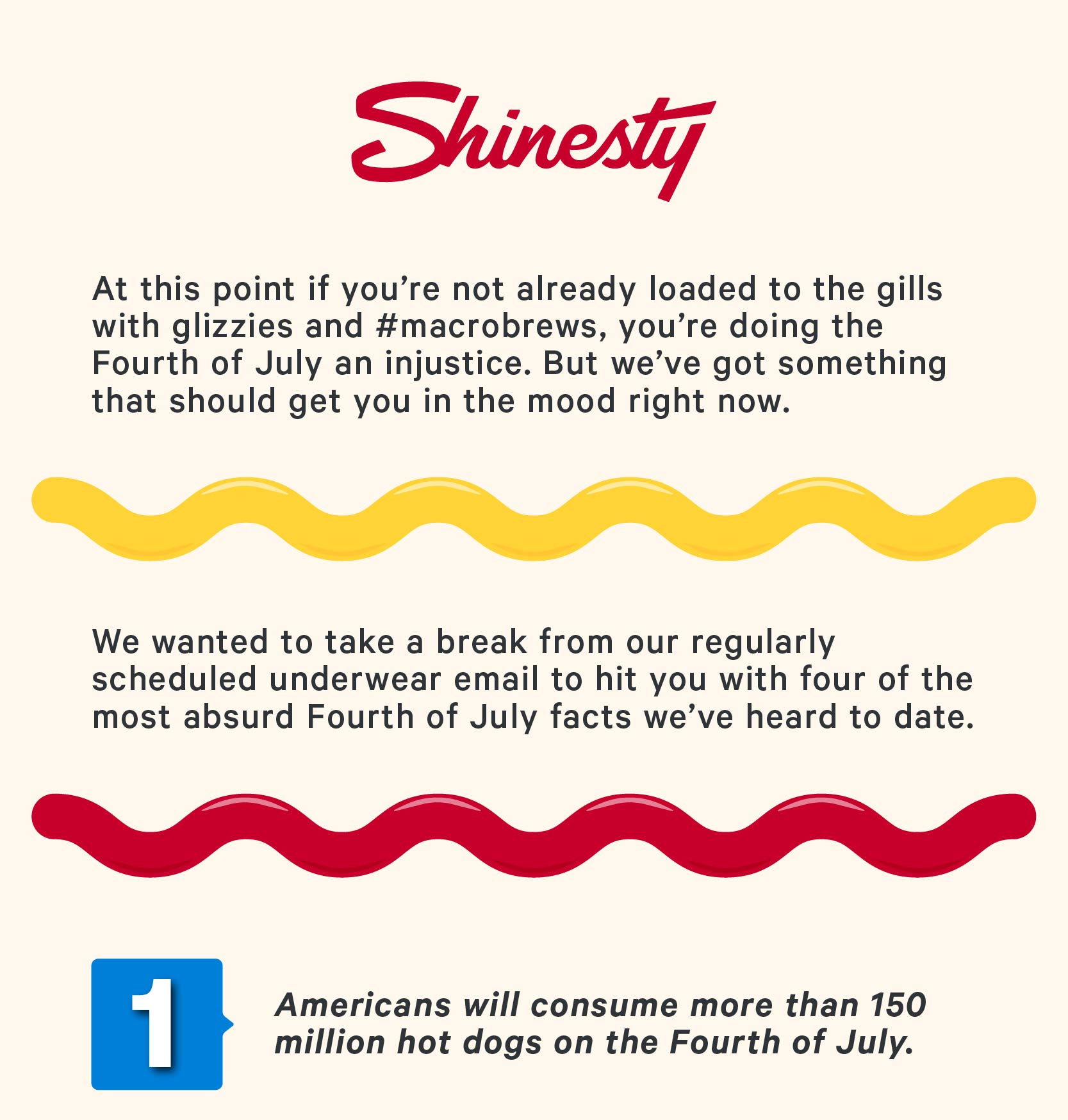 By now if you’re not loaded to the gills with glizzy’s and #macrobrews, you’re already doing the Fourth of July an injustice. But we’ve got something that should get you in the mood right now.   We wanted to take a break from our regularly scheduled underwear email to hit you with four of the most absurd Fourth of July facts we’ve heard to date.  1. Americans will consume more than 150 million hot dogs on July Fourth.