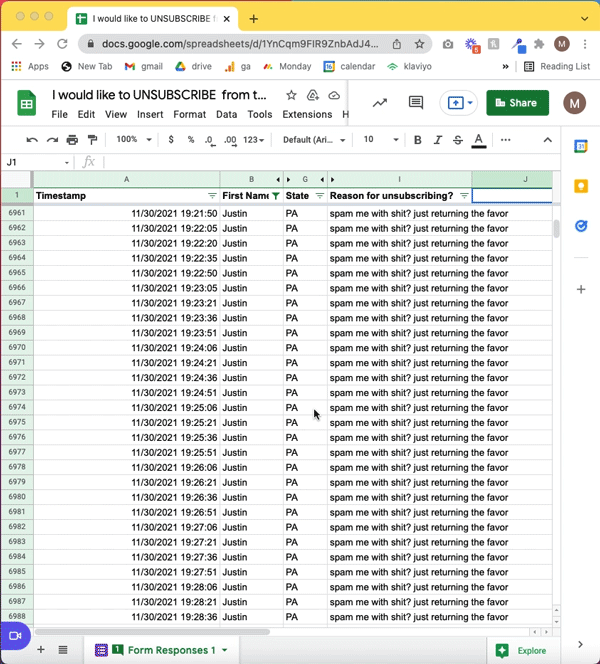 (Image: GIF scrolling through Justin’s comments “spam me with this shit? Just returning the favor” and “did you get the message???”)