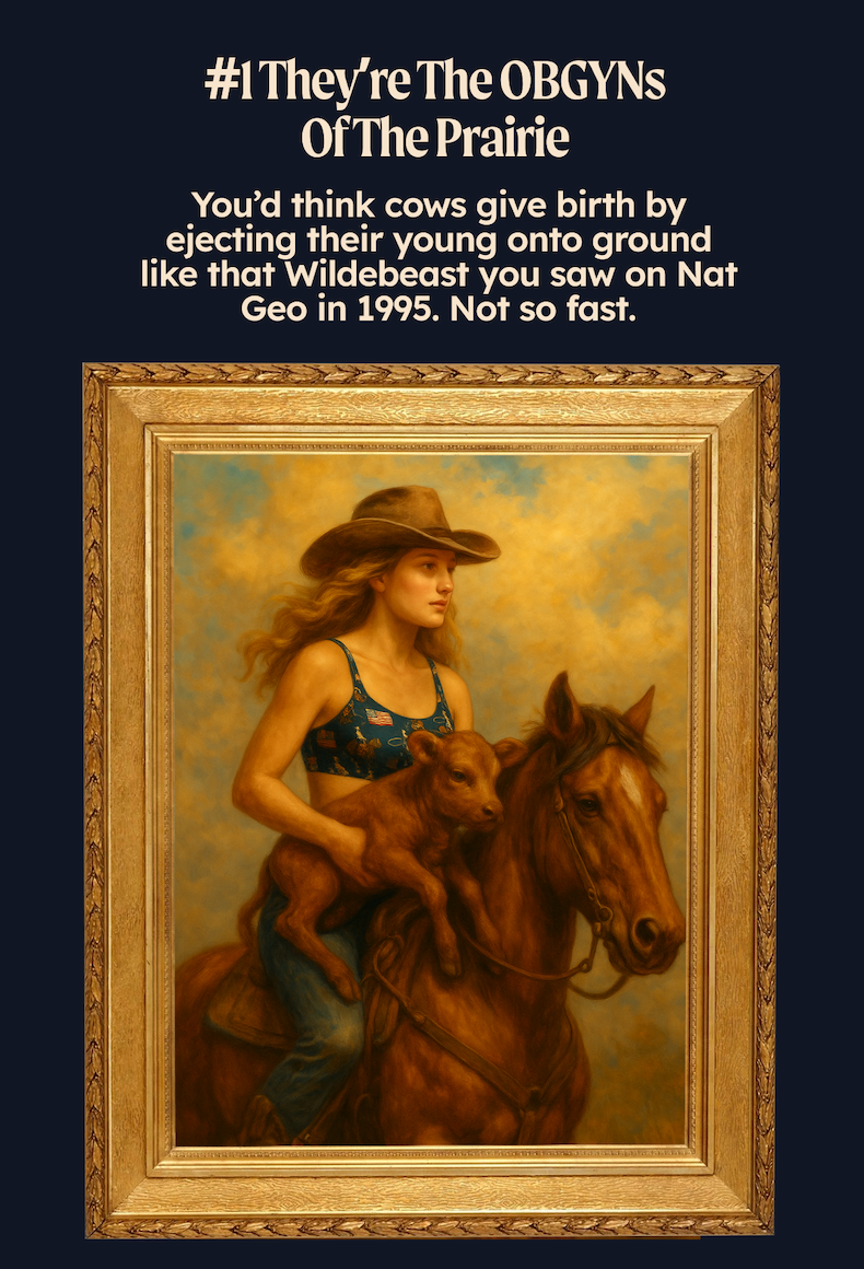  #1 They’re The OBGYNs Of The Prairie  You’d think cows give birth by ejecting their young onto ground like that Wildebeast you saw on Nat Geo in 1995. Not so fast.