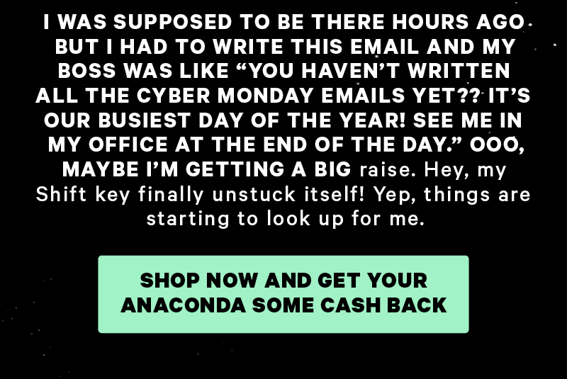I WAS SUPPOSED TO BE THERE HOURS AGO BUT I HAD TO WRITE THIS EMAIL AND MY BOSS WAS LIKE “YOU HAVEN’T WRITTEN ALL THE CYBER MONDAY EMAILS YET?? IT’S OUR BUSIEST DAY OF THE YEAR! SEE ME IN MY OFFICE AT THE END OF THE DAY.” OOO, MAYBE I’M GETTING A BIG raise. Hey, my Shift key finally unstuck itself! Yep, things are starting to look up for me.  [CTA: “Shop Now and Get Your Anaconda Some Cash Back”]