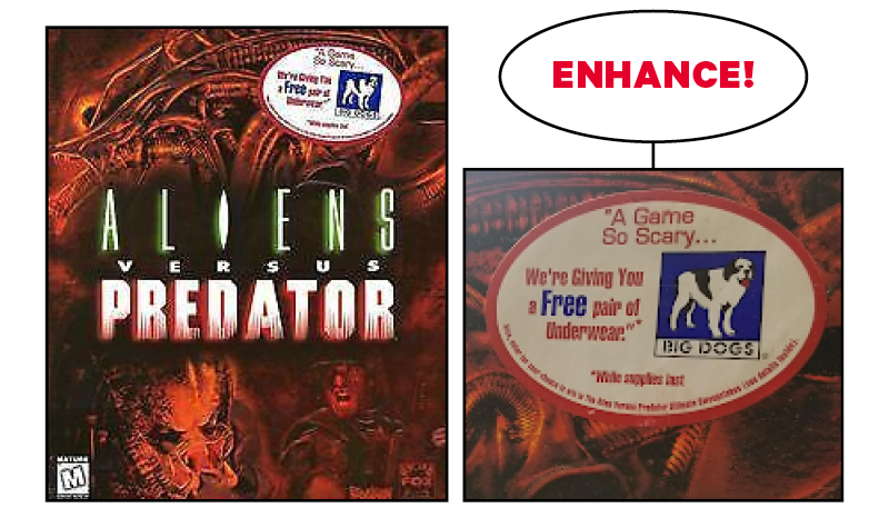 Pic of Aliens Vs predator game with sticker for free underwear.