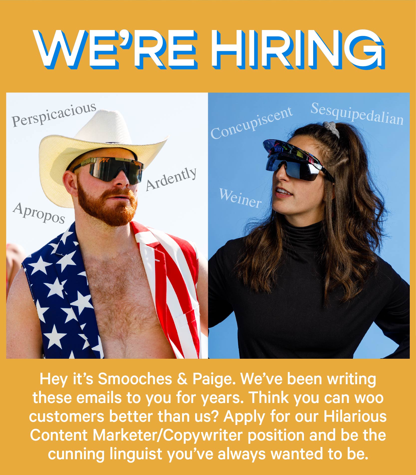 Hey it’s Smooches & Paige. We’ve been writing these email to you for years. Think you can woo customers better than us? Apply for our hilarious content marketer / copywriter position and be the cunning linguist you’ve always wanted to be
