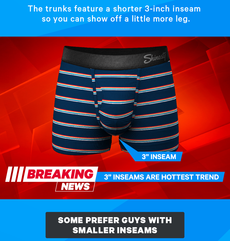 The trunks feature a shorter 3-inch inseam so you can show off a little more leg. (Image: Diagram of Trunks with arrows pointing out inseam and leg length)  [CTA: “Some Prefer Guys With Smaller Inseams”]