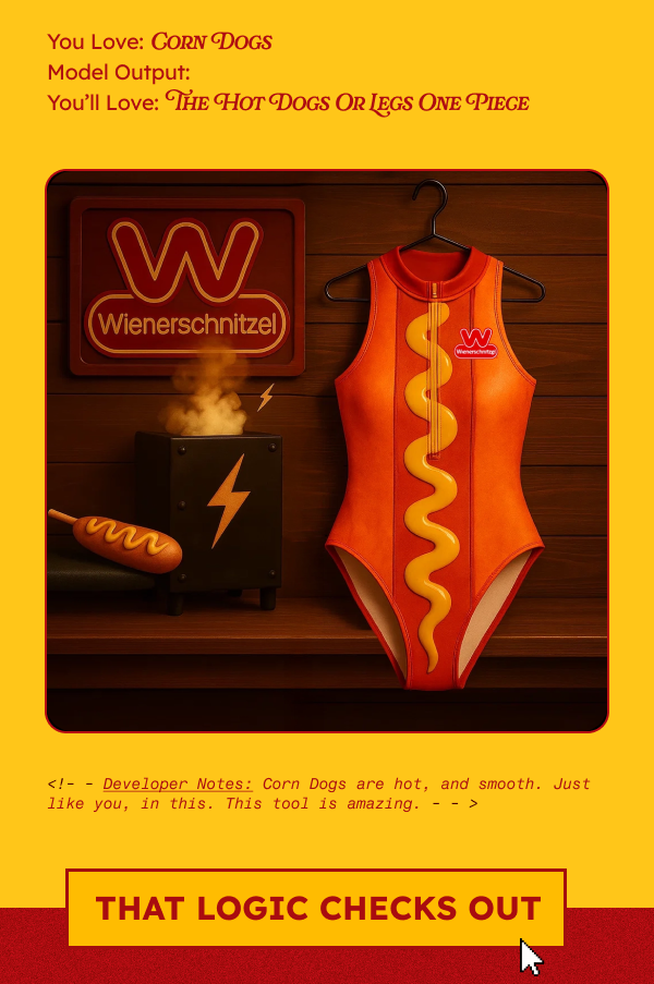 You Love: Corn Dogs Model Output:  You’ll Love: The Hot Dogs Or Legs One Piece