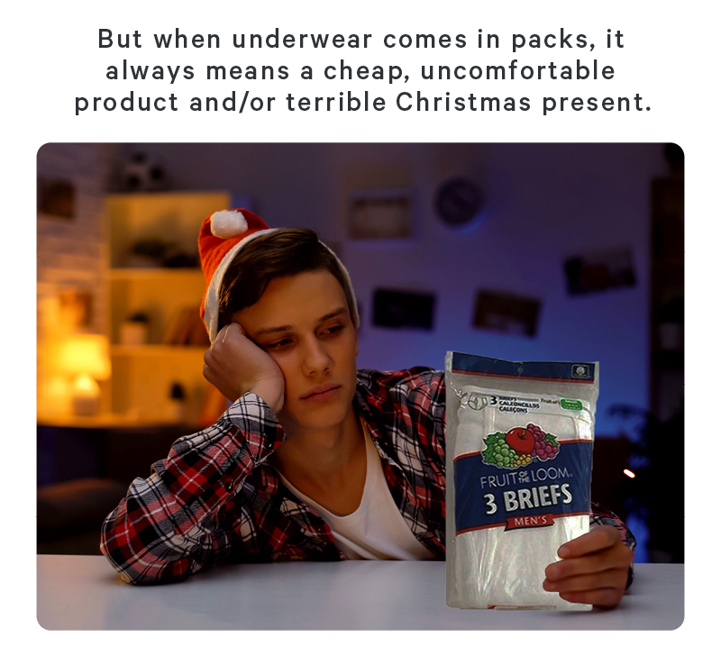 But when underwear comes in packs, it always means a cheap, uncomfortable product and/or terrible Christmas present. (Image: Disappointed child opening a present to reveal a pack of white briefs)