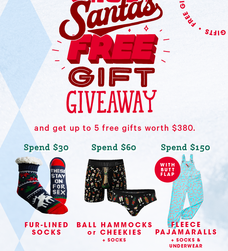 There are mere HOURS left to shop Saucy Santa’s FREE gift giveaway and get up to 5 free gifts worth $380. Image showing off various free giftis including socks pajamaralls and ball hammocks