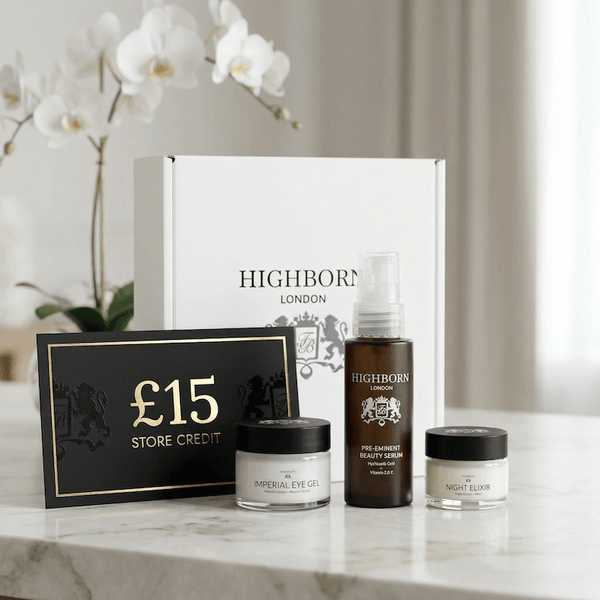 Beauty Serum, Eye Gel, 10ml Night Elixir mini, £15 future-order credit graphic and HIGHBORN box