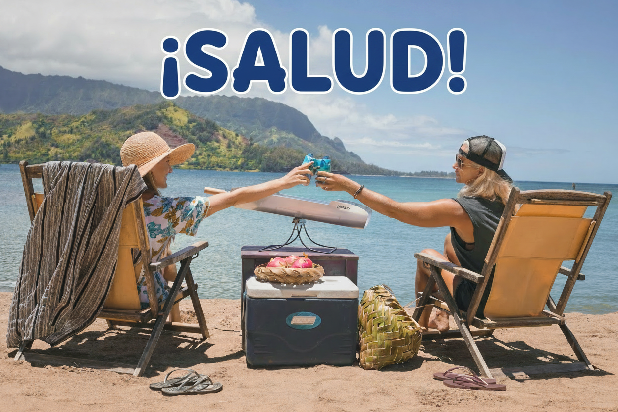 Two people toast drinks on a beach with mountains in the background.