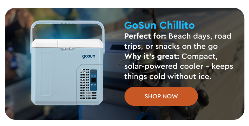 GoSun Chillito  Perfect for: Beach days, road trips, or personal snacks on the go  Why it's great: Compact, solar-powered cooler—keeps things cold without ice.